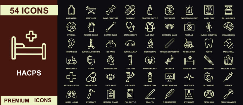Set of fifty four medical and healthcare outline featuring a hospital bed symbol on dark background