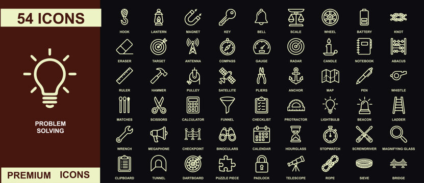 Set of fifty four problem solving and utility line on a dark background, with a lightbulb symbol