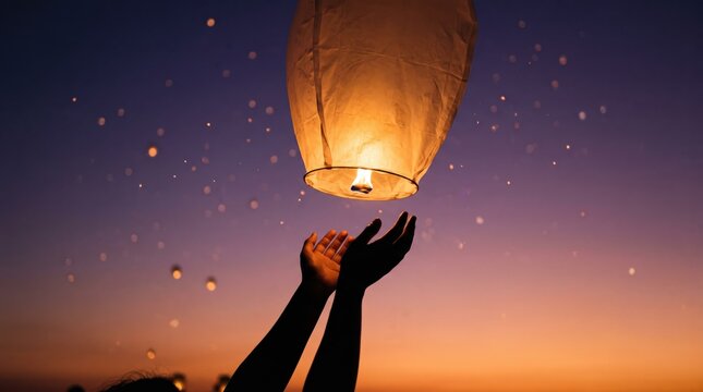 Silhouette of hands releasing a glowing sky lantern into the twilight evening sky during a festival celebration with floating lights in background