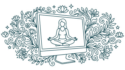 Yoga session on computer monitor screen framed by intricate floral line art border design.