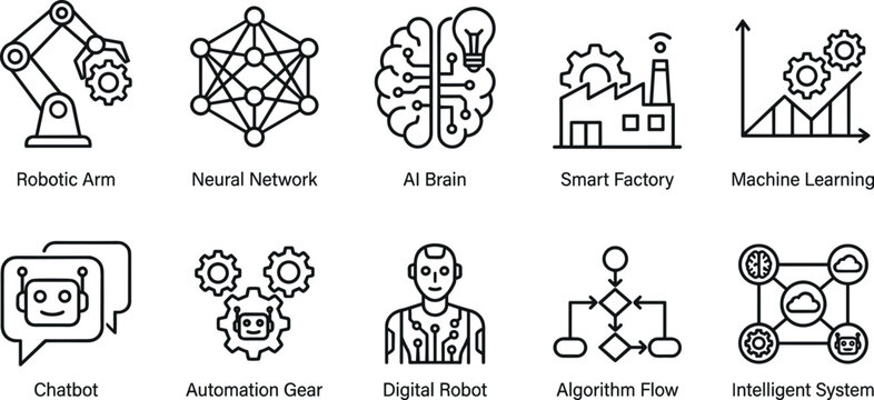 Artificial intelligence and smart factory automation vector icon set featuring neural networks machine learning chatbot for technology business websites