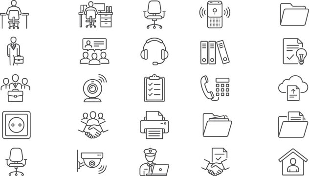 Corporate office management and remote workspace business thin line icon mega set vector illustration featuring folder printer security employee and cloud computing symbols