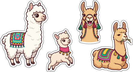 Naklejka premium Cute cartoon llama and alpaca sticker collection set featuring adorable characters with traditional blankets, jumping baby llama, isolated on white background.