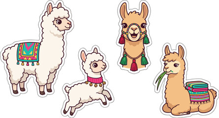 Naklejka premium Cute cartoon llama and alpaca sticker collection set featuring adorable characters wearing traditional blankets, tassels, jumping baby llama, isolated on white background.