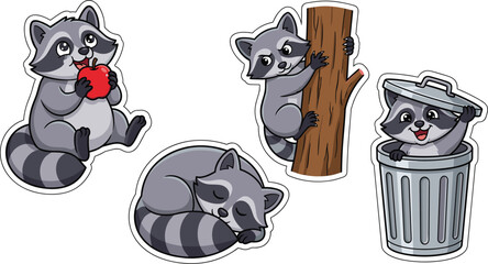 Cute cartoon raccoon sticker collection set featuring adorable characters eating red apple, sleeping, climbing tree trunk, and looking out of trash can, isolated on white background © MdJaynal