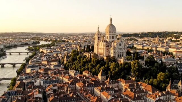 Aerial drone footage captures basilique notre dame de fourvi&egrave;re in lyon france at sunrise cityscape overlooking rhone river bridges and historic buildings dynamic motion.