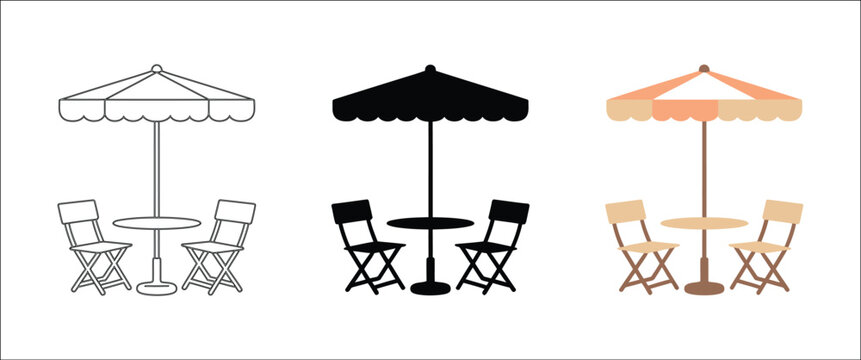 Outdoor patio set illustrations featuring sun umbrellas, tables and chairs in three visual art styles, modern leisure furniture and outdoor dining design elements for gardens, cafes, resorts, terraces