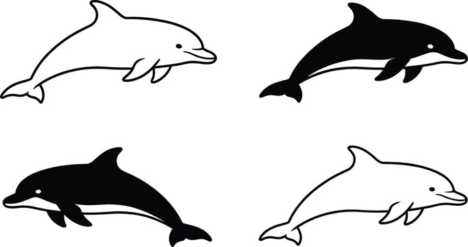 Dolphin vector illustration set featuring minimalist black silhouettes and line art icons of jumping marine mammals for ocean wildlife design