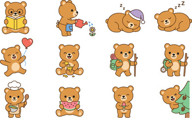 Obraz premium Cute cartoon teddy bear character collection showing daily activities like reading sleeping hiking cooking eating and gardening isolated on white background