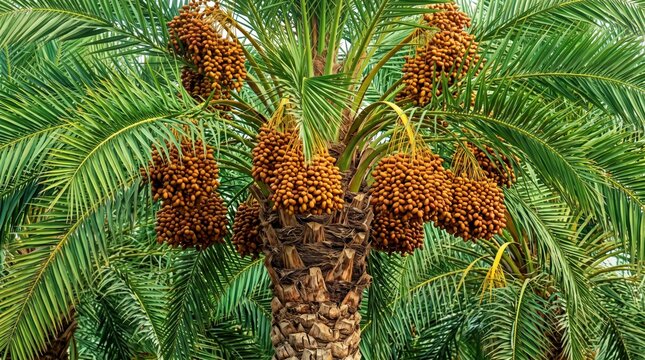 Close-up of a lush date palm tree featuring multiple heavy clusters of ripening orange-brown dates hanging from the textured, fibrous trunk amidst vibrant green, feathery palm fronds