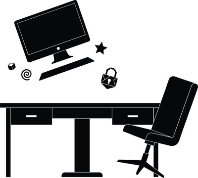 Office workspace silhouette vector illustration featuring a desk and chair with a floating computer screen keyboard lock and star symbols isolated on white background
