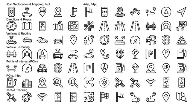 Modern GPS Tracker Linear Icon Collection with Car Location, City Navigation, Digital Maps, Route Tracking, Geofencing, and Travel Symbols