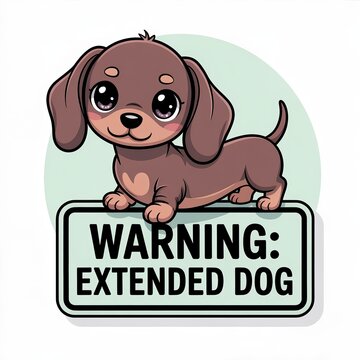 Cute chibi dachshund puppy mascot with a funny warning sign illustration