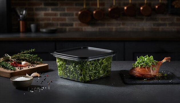 Organic micro arugula on dark stone in moody lighting