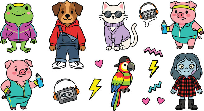 Retro 90s Fashion Animal Character Vector Set with Cute Frog Dog Cat Pig Parrot and Zombie Wearing Colorful Vintage Outfits and Tracksuits