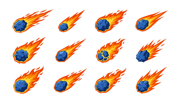 Cartoon burning meteor and blazing asteroid vector icon set