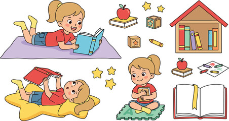 Fototapeta premium Cute Little Girl Reading Book Character Vector Set with Child Sitting Lying on Rug Bookshelf Apple and Kindergarten Education Elements