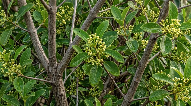 Close-up of a shrub with green oval leaves and clusters of small, pale yellow flower buds, featuring textured brown woody branches and stems in a natural outdoor setting