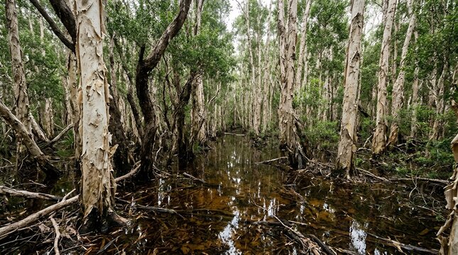 Beautiful Tropical Paperbark Swamp Forest with Melaleuca Trees Reflecting in Still Dark Water Landscape