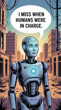 Robot in a post-apocalyptic city with speech bubble about human extinction concept art