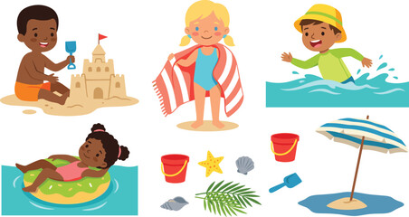 Cute Kids Beach Activities Vector Set with Children Building Sandcastles Swimming Floating on Swim Ring and Playing with Summer Vacation Elements