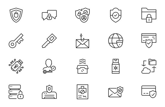 Data Protection Line Icon Set for Data Privacy, Cybersecurity, Secure Information, Encryption, Digital Security and Personal Information Management Outline Vector Collection