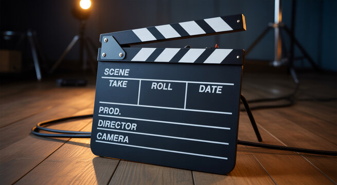 Film clapperboard on wooden floor with studio lights for movie production and filmmaking.