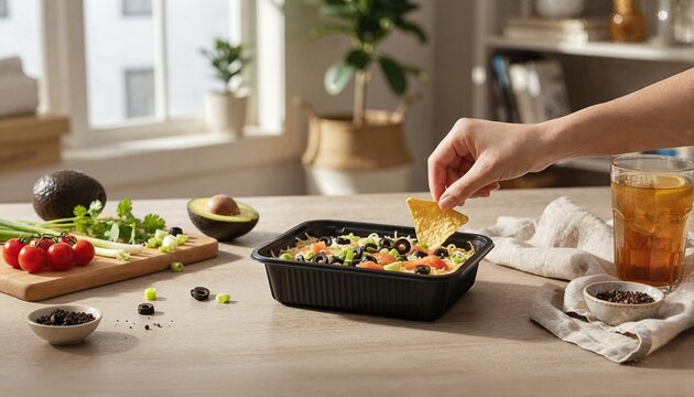 Person enjoying a layered mexican dip during snack time