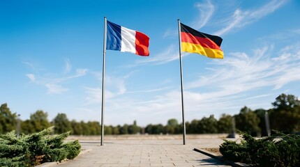 Fototapeta premium A striking visual representation showcases the flags of france and germany fluttering proudly in the breeze symbolizing a strong and enduring partnership between the two