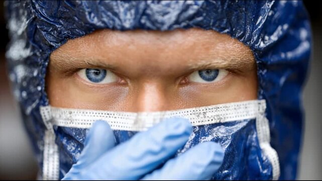 Close-up of a person wearing a blue hood and mask with blue eyes showing while working