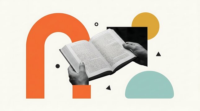 Hands holding an open book with abstract geometric shapes and modern collage design.