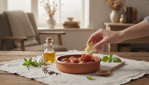 Person enjoying savory meatballs in a sunlit room