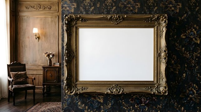 Empty antique golden picture frame on floral wallpaper in luxury room