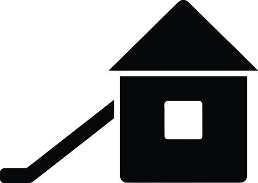 Minimalist house icon with slide, black silhouette playhouse vector, simple home playground symbol for web design