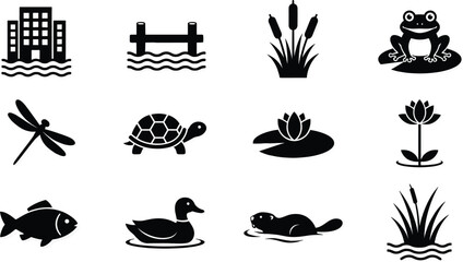Pond and wetland ecosystem vector icon set featuring black silhouettes of frog turtle duck fish dragonfly lotus and water reeds isolated © Jannatun