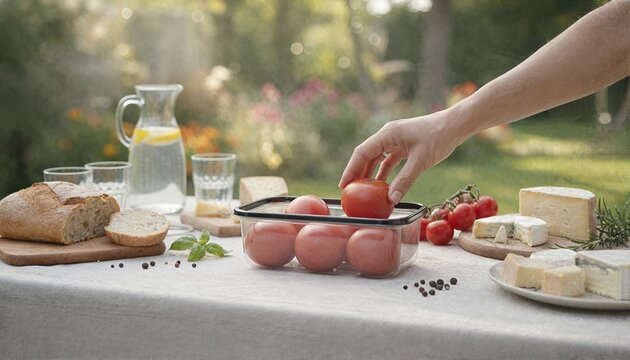 Person picking fresh tomato from package during outdoor brunch