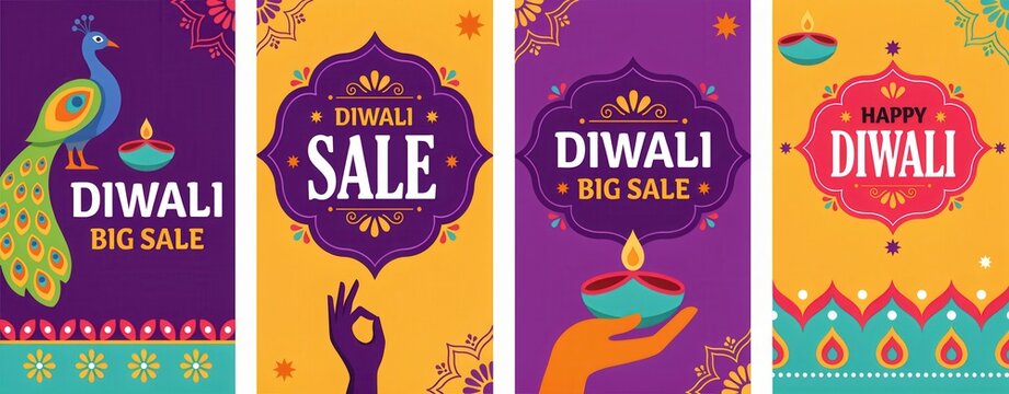 Set of vertical diwali sale banners, greeting cards, or social media stories vector illustration templates with traditional motifs, diya lamps, peacock, and hand gestures