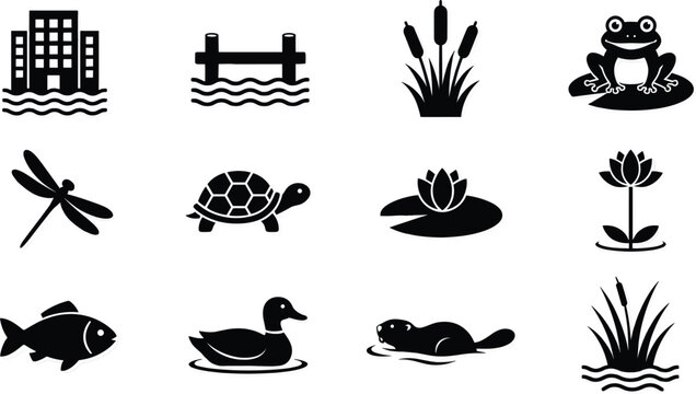 Pond and wetland ecosystem vector icon set featuring black silhouettes of frog turtle duck fish dragonfly lotus and water reeds isolated