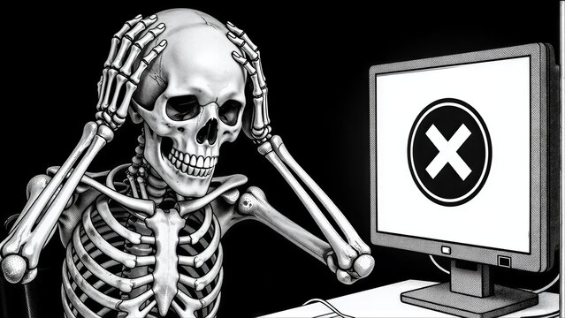 Skeleton frustrated at computer screen showing error symbol, holding head in distress.