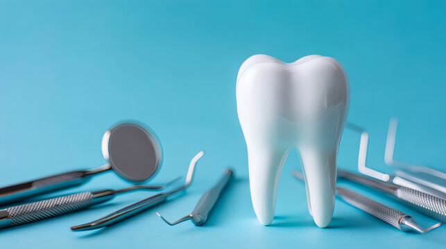professional dental banner with sky blue background, polished molar tooth model on right side, dental probe, mouth mirror, scaler, and power toothbrush arranged around base, soft even studio 