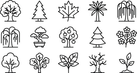 Fototapeta premium Trees and botany line vector icon set featuring oak pine maple palm weeping willow bonsai fruit tree plant symbolsTrees 