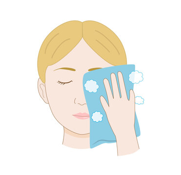 Illustration of a White Woman Warming Her Face with a Hot Towel for Facial Muscle Self-Care