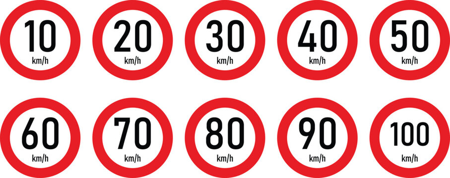 Speed limit traffic sign collection icon set vector. Maximum speed limit numbers from 10 to 100 kmh road safety regulation symbols. European highway driving restriction circular red boards
