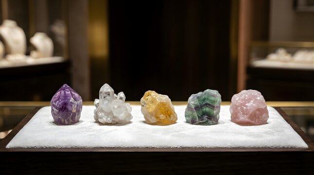 Five raw gemstones and crystals displayed on a white velvet jewelry pad