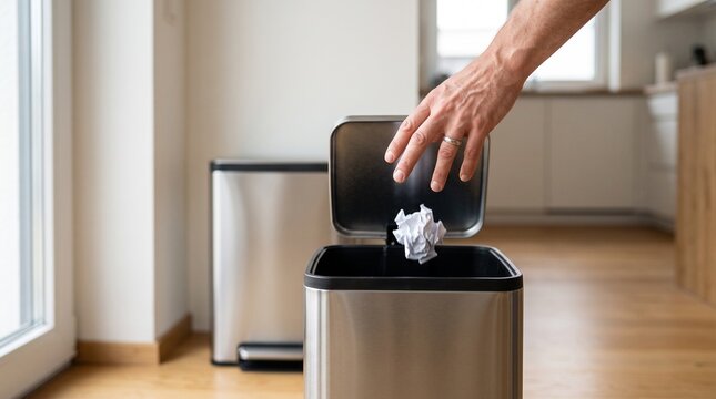 Person throwing crumpled paper waste into a modern metal garbage bin indoors