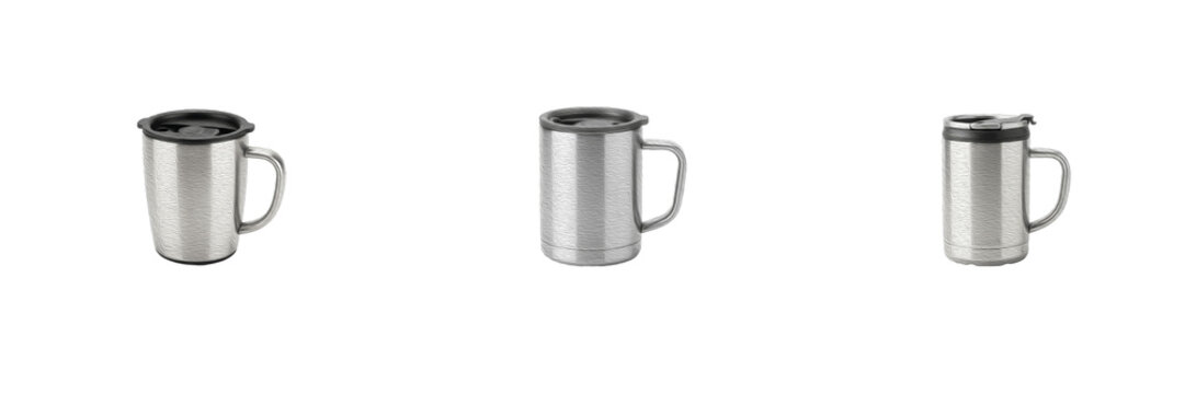 Stainless Steel Travel Mug Set Silver Insulated Coffee Cup Metallic Thermal Tumbler With Lid Isolated Transparent PNG Clipart Graphic For Outdoor Drinkware Design