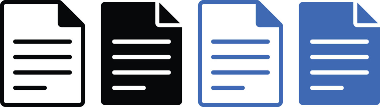 Document text file icon set. Paper page folded corner symbol. File format reading data. Line outline and solid filled vector graphic in black and blue color