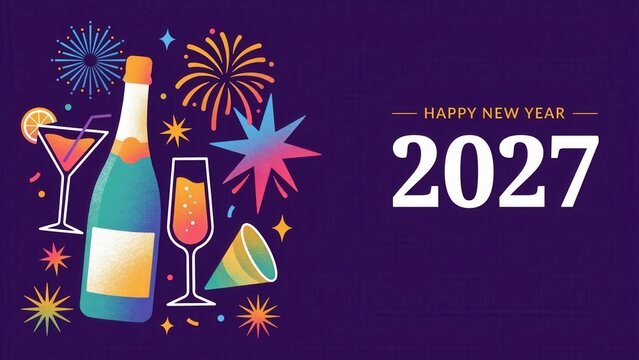 Happy new year 2027 greeting card with champagne and fireworks
