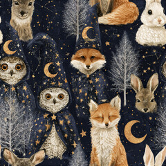 Naklejka premium Celestial forest animals pattern featuring foxes rabbits deer owl wearing starry wizard cloaks under night sky