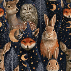 Fototapeta premium Celestial forest animals pattern featuring foxes rabbits deer owl with starry night moon and tree background